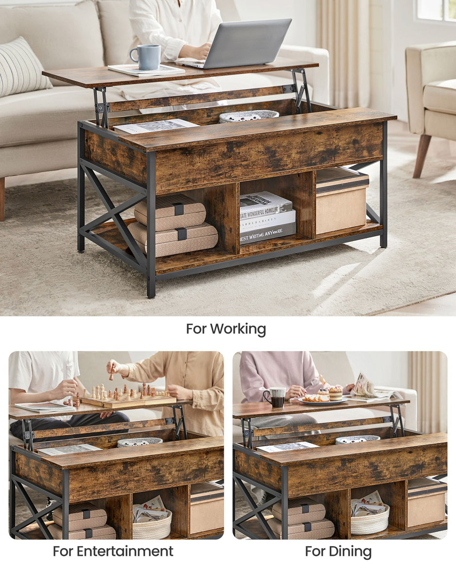 Lift-Top Coffee Table – Wood – Brown – Open and Hidden Storage with X-Shaped Bars