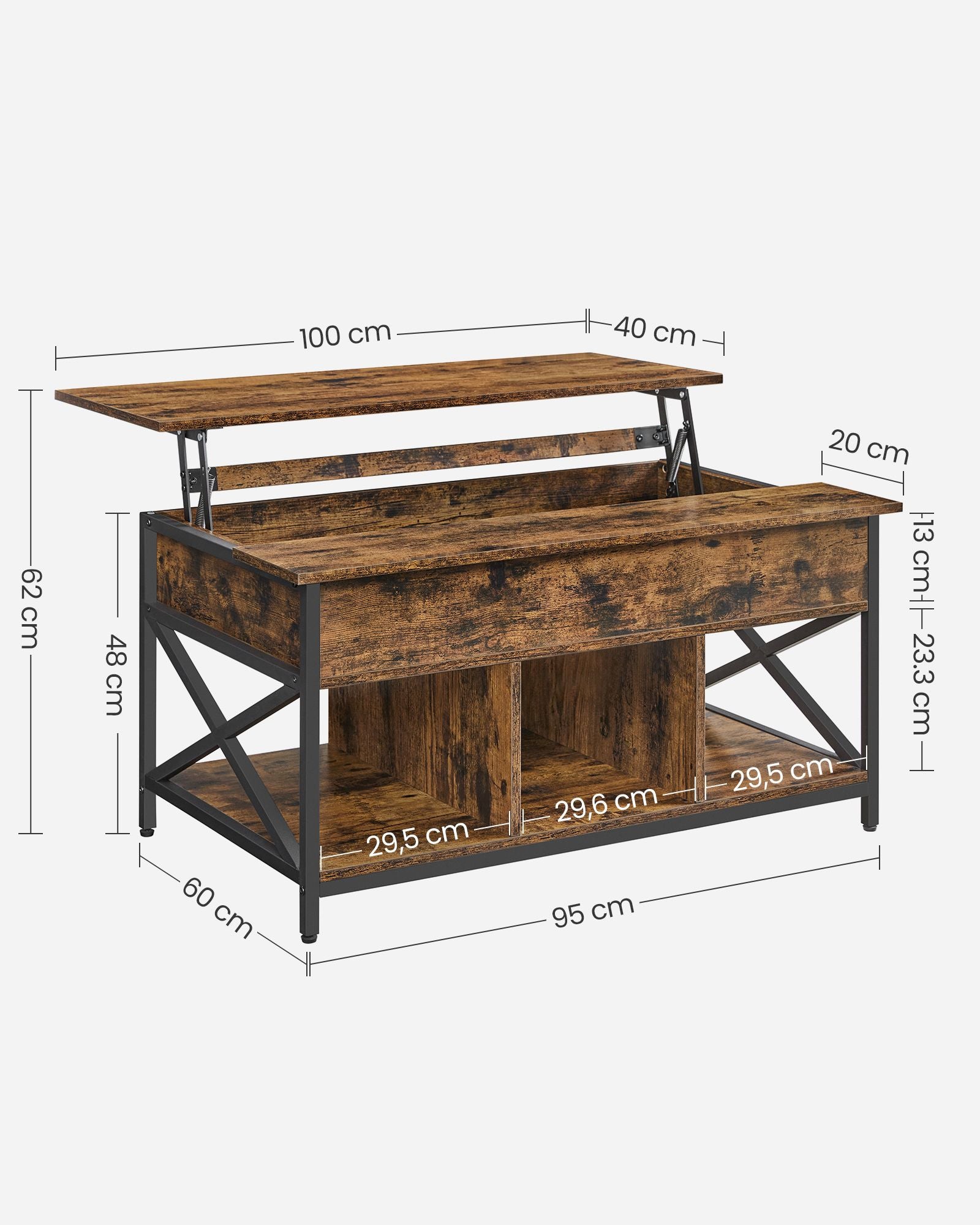 Lift-Top Coffee Table – Wood – Brown – Open and Hidden Storage with X-Shaped Bars