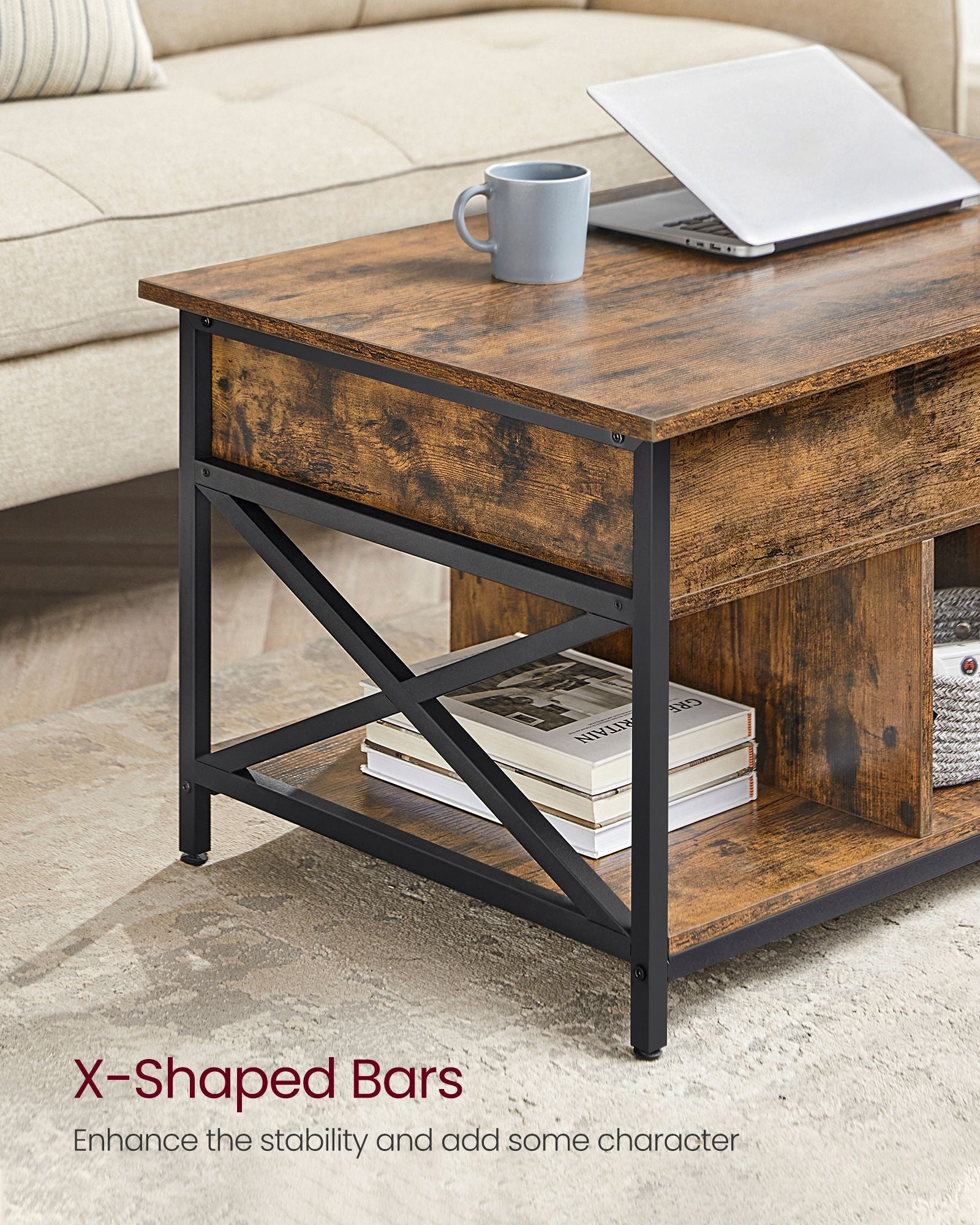 Lift-Top Coffee Table – Wood – Brown – Open and Hidden Storage with X-Shaped Bars