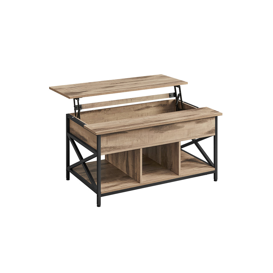 Lift-Top Coffee Table – Wood – Brown – Open and Hidden Storage with X-Shaped Bars