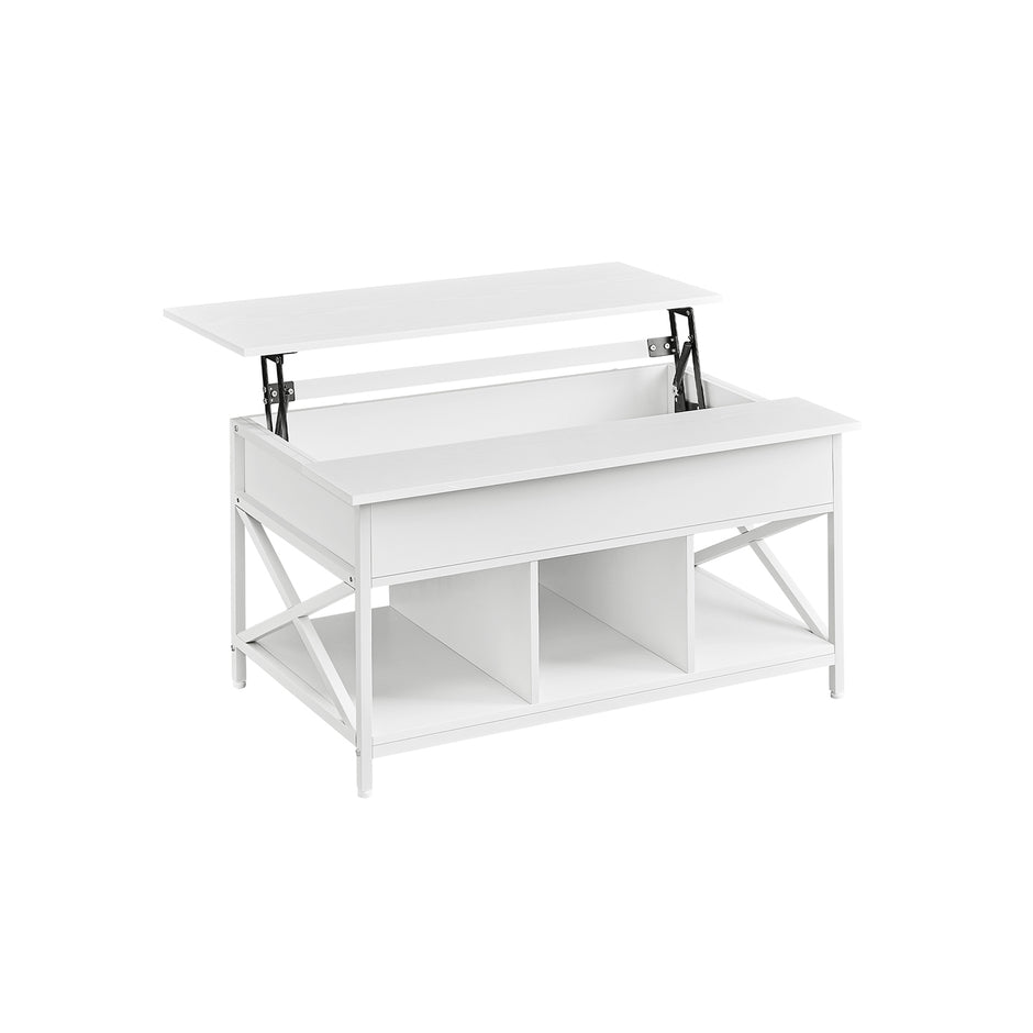 Lift-Top Coffee Table – Wood – Brown – Open and Hidden Storage with X-Shaped Bars