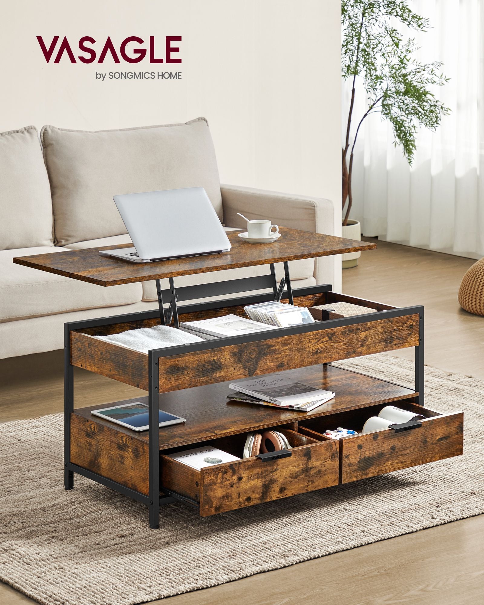 Lift Top Coffee Table – Wood – Brown – Storage Drawers and Hidden Compartments