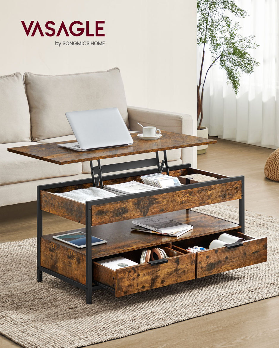 Lift Top Coffee Table – Wood – Brown – Storage Drawers and Hidden Compartments
