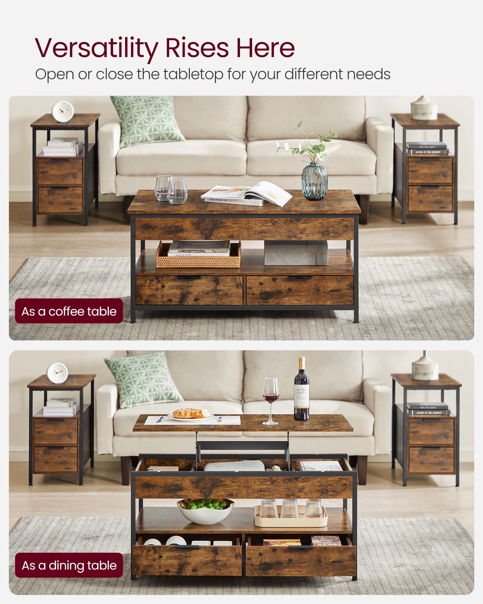 Lift Top Coffee Table – Wood – Brown – Storage Drawers and Hidden Compartments