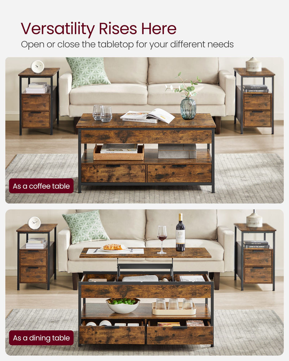 Lift Top Coffee Table – Wood – Brown – Storage Drawers and Hidden Compartments