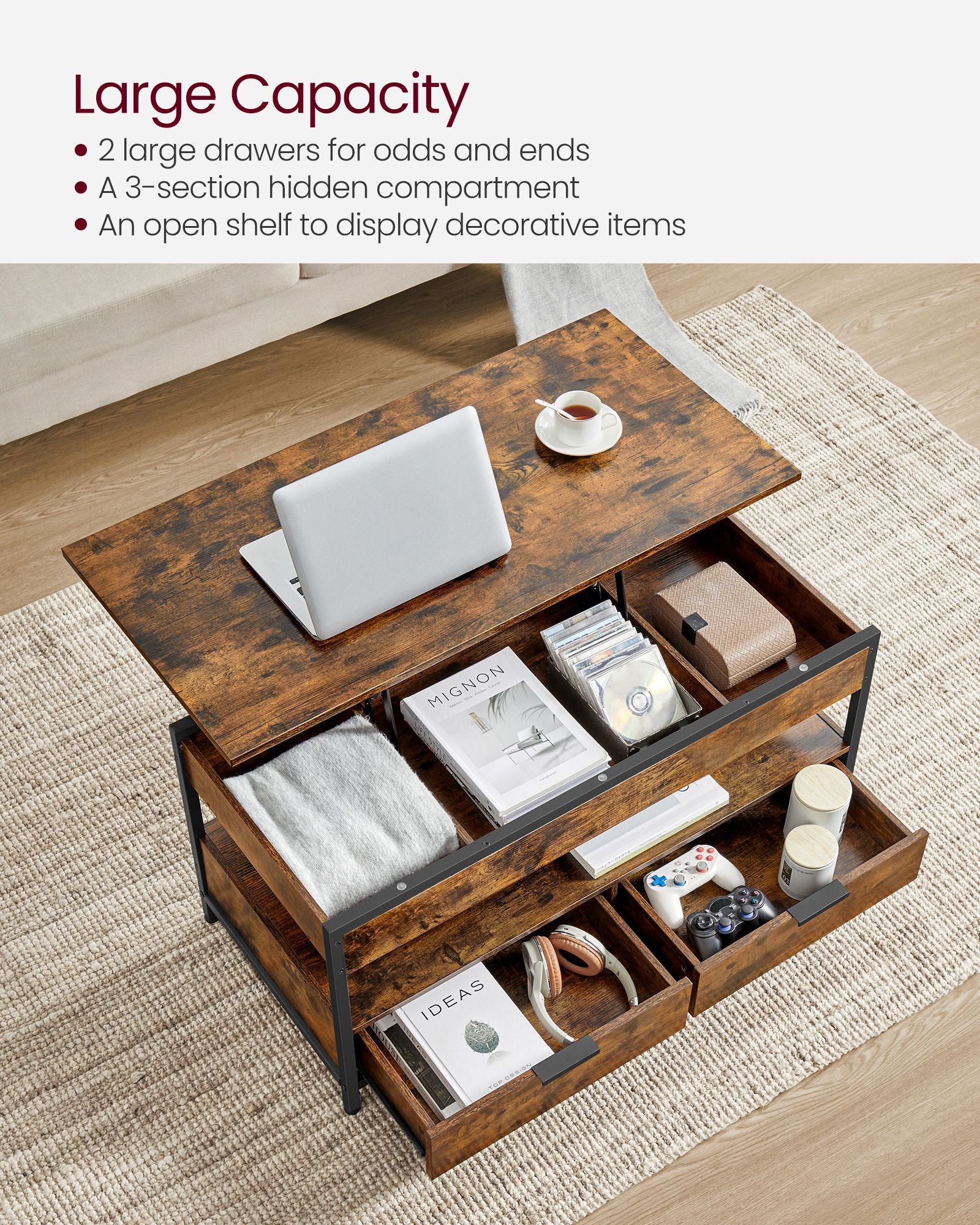Lift Top Coffee Table – Wood – Brown – Storage Drawers and Hidden Compartments
