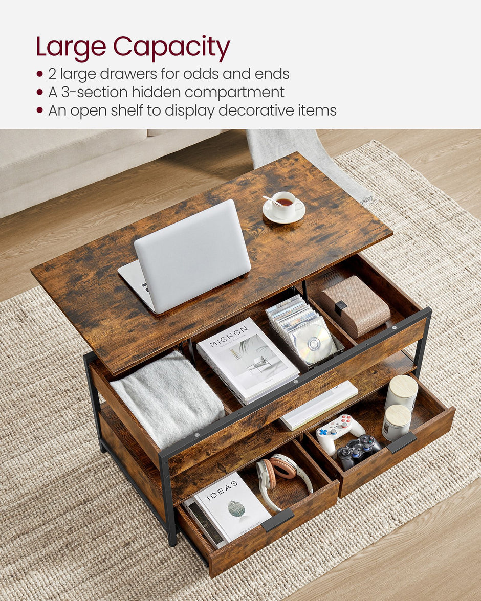 Lift Top Coffee Table – Wood – Brown – Storage Drawers and Hidden Compartments