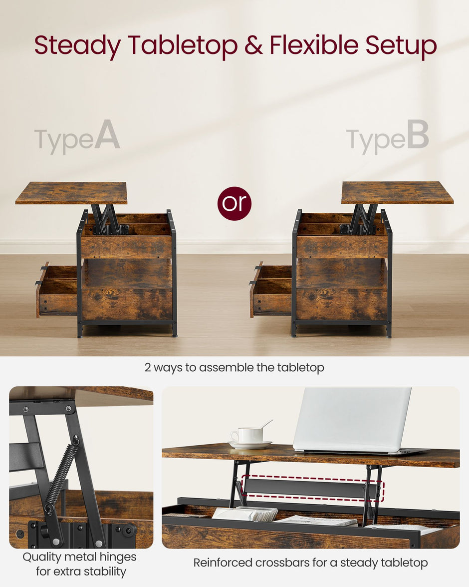 Lift Top Coffee Table – Wood – Brown – Storage Drawers and Hidden Compartments
