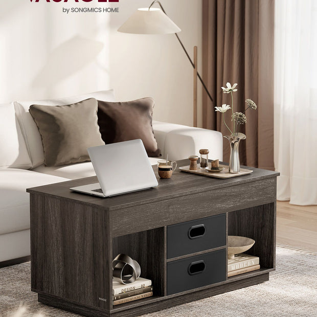 Lift Top Coffee Table – Wood – Ash Brown – With 2 Drawers and Hidden Compartments