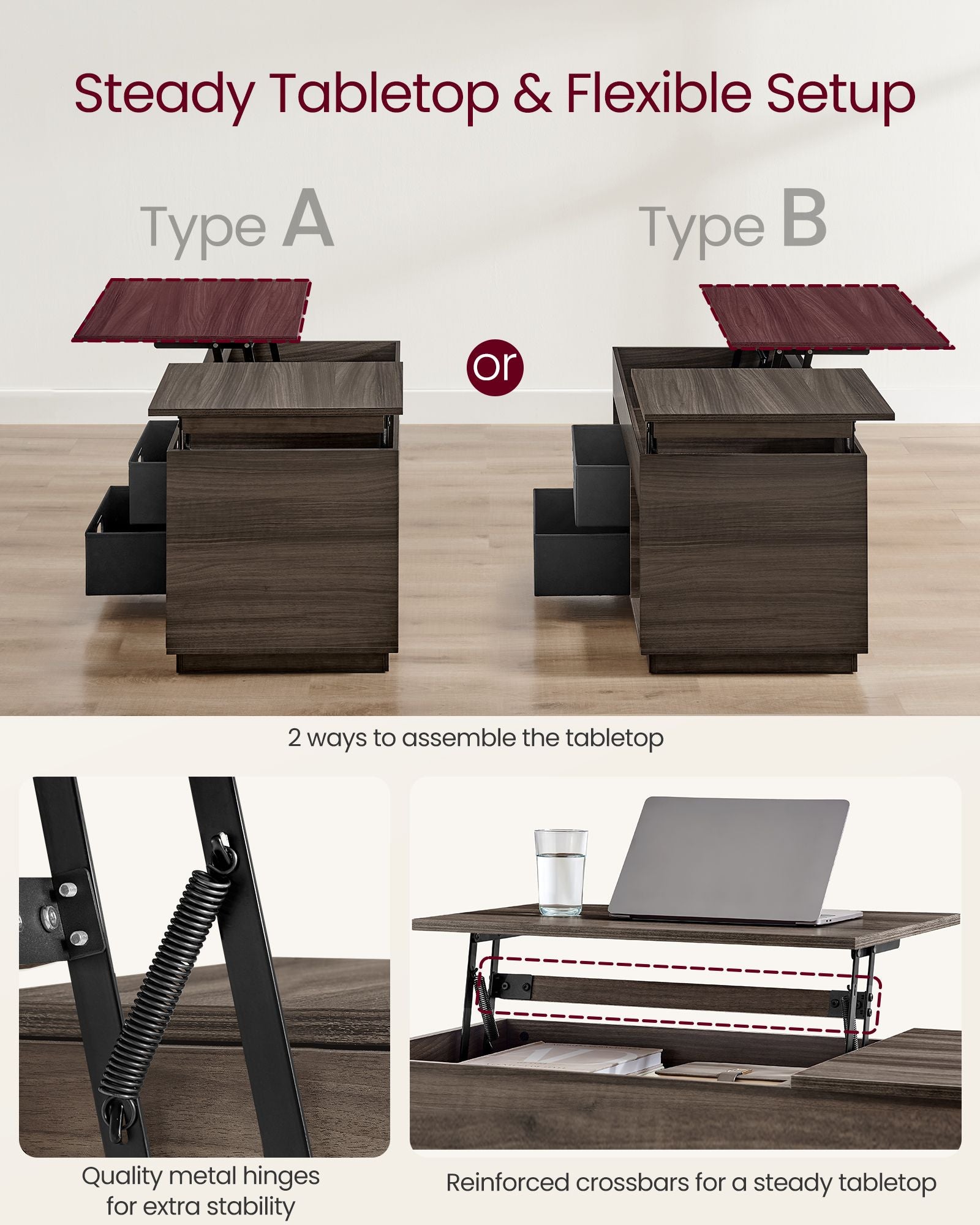 Lift Top Coffee Table – Wood – Ash Brown – With 2 Drawers and Hidden Compartments