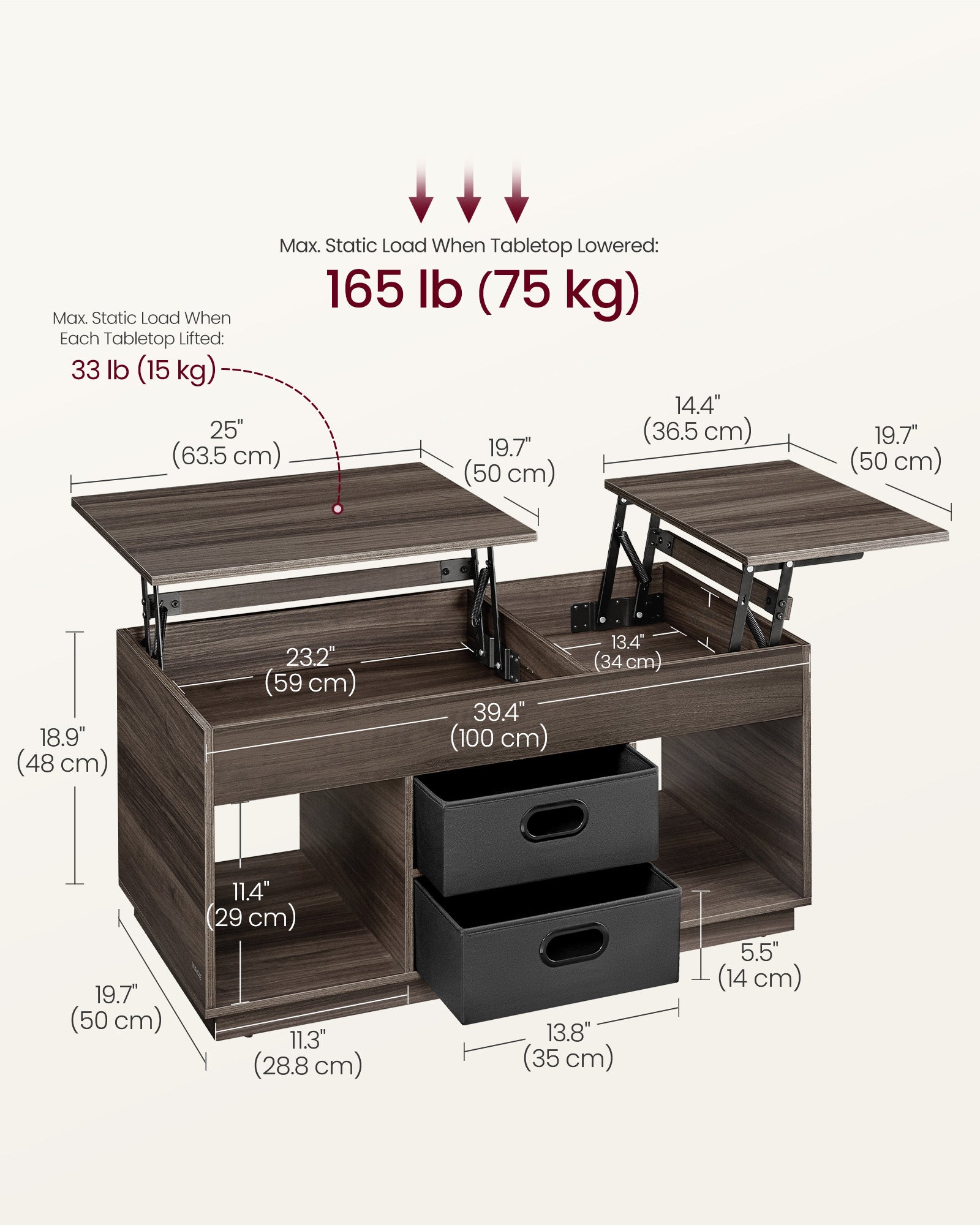 Lift Top Coffee Table – Wood – Ash Brown – With 2 Drawers and Hidden Compartments