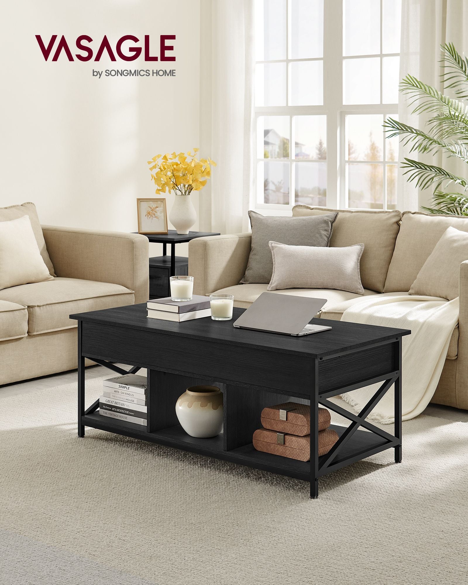 Lift-Top Coffee Table – Wood – Natural Finish – Open and Hidden Storage with X-Shaped Design