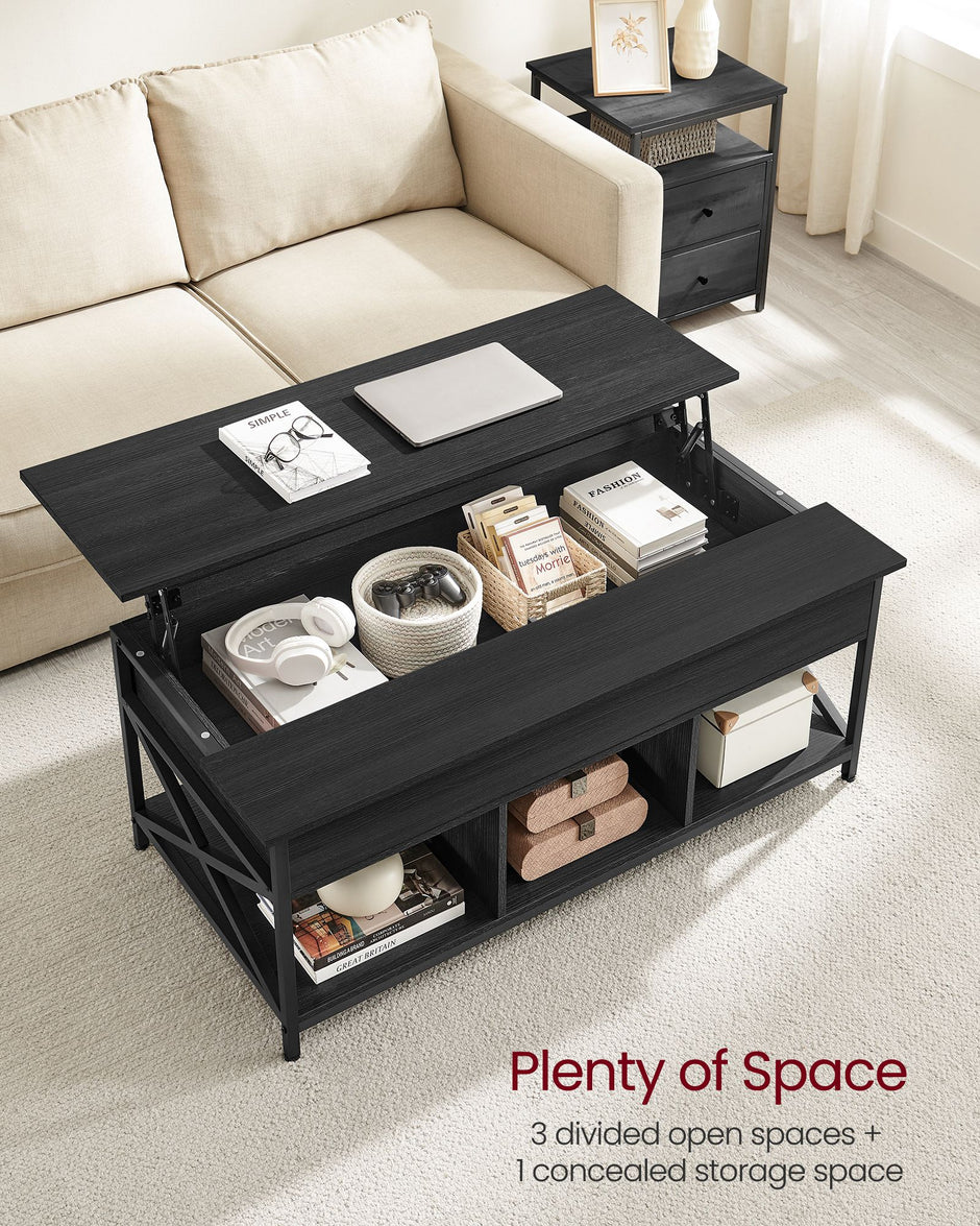 Lift-Top Coffee Table – Wood – Natural Finish – Open and Hidden Storage with X-Shaped Design