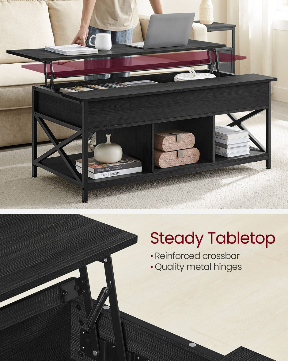 Lift-Top Coffee Table – Wood – Natural Finish – Open and Hidden Storage with X-Shaped Design