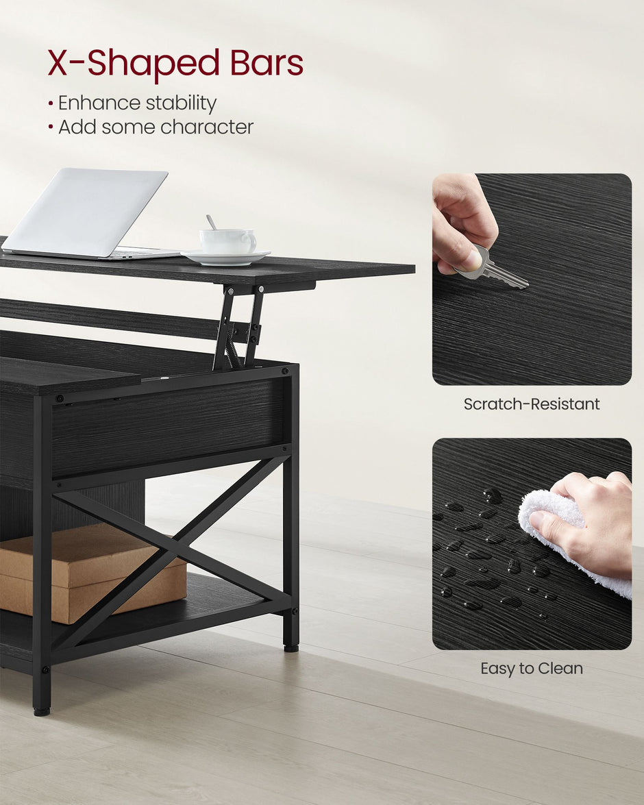 Lift-Top Coffee Table – Wood – Natural Finish – Open and Hidden Storage with X-Shaped Design