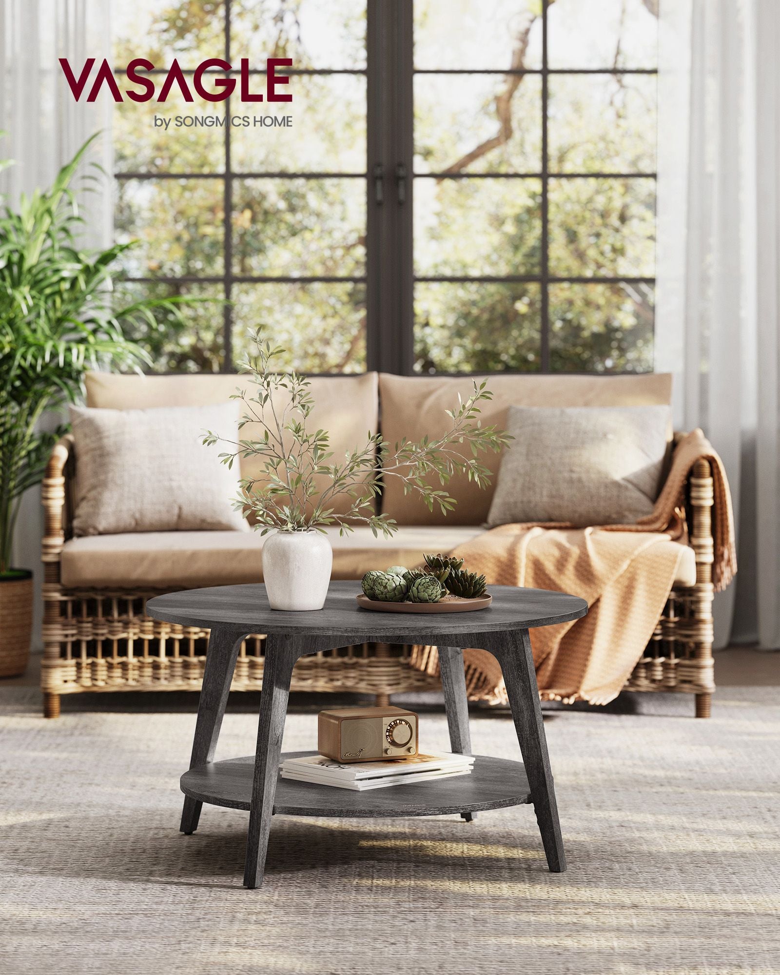 Round Coffee Table – Engineered Wood – Misty Grey – 2-Tier with Storage, Easy to Assemble