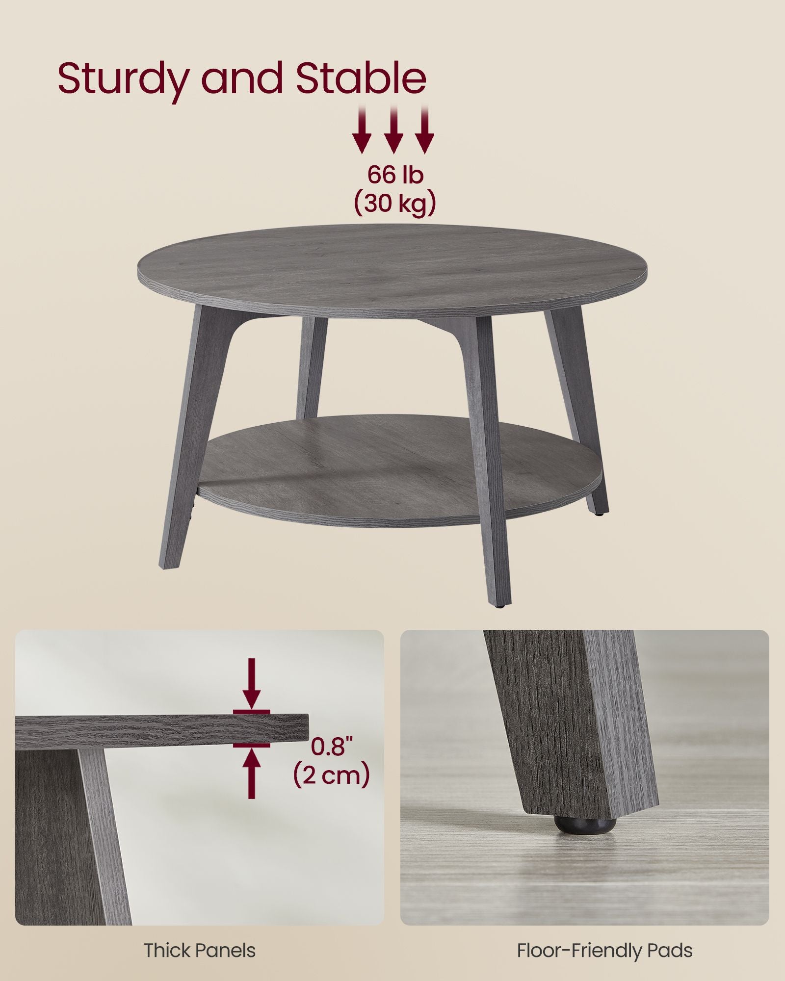 Round Coffee Table – Engineered Wood – Misty Grey – 2-Tier with Storage, Easy to Assemble