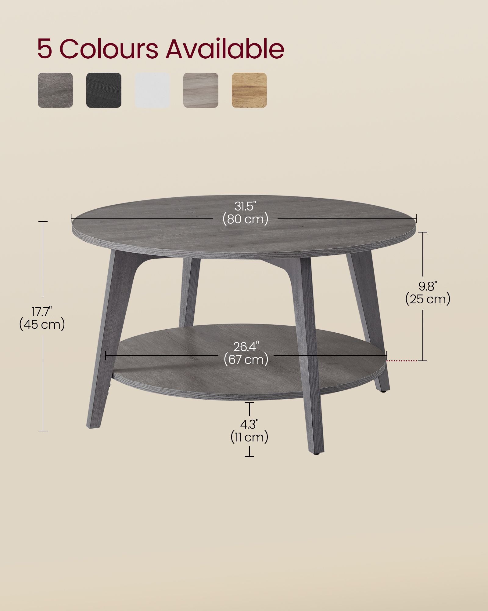 Round Coffee Table – Engineered Wood – Misty Grey – 2-Tier with Storage, Easy to Assemble