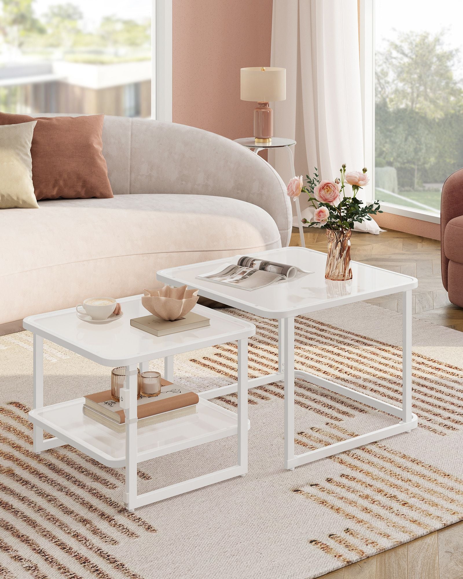 Nesting Tables Set of 2 – Wood – Cloud White and Pearl White – LED Lights