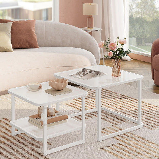 Nesting Tables Set of 2 – Wood – Cloud White and Pearl White – LED Lights