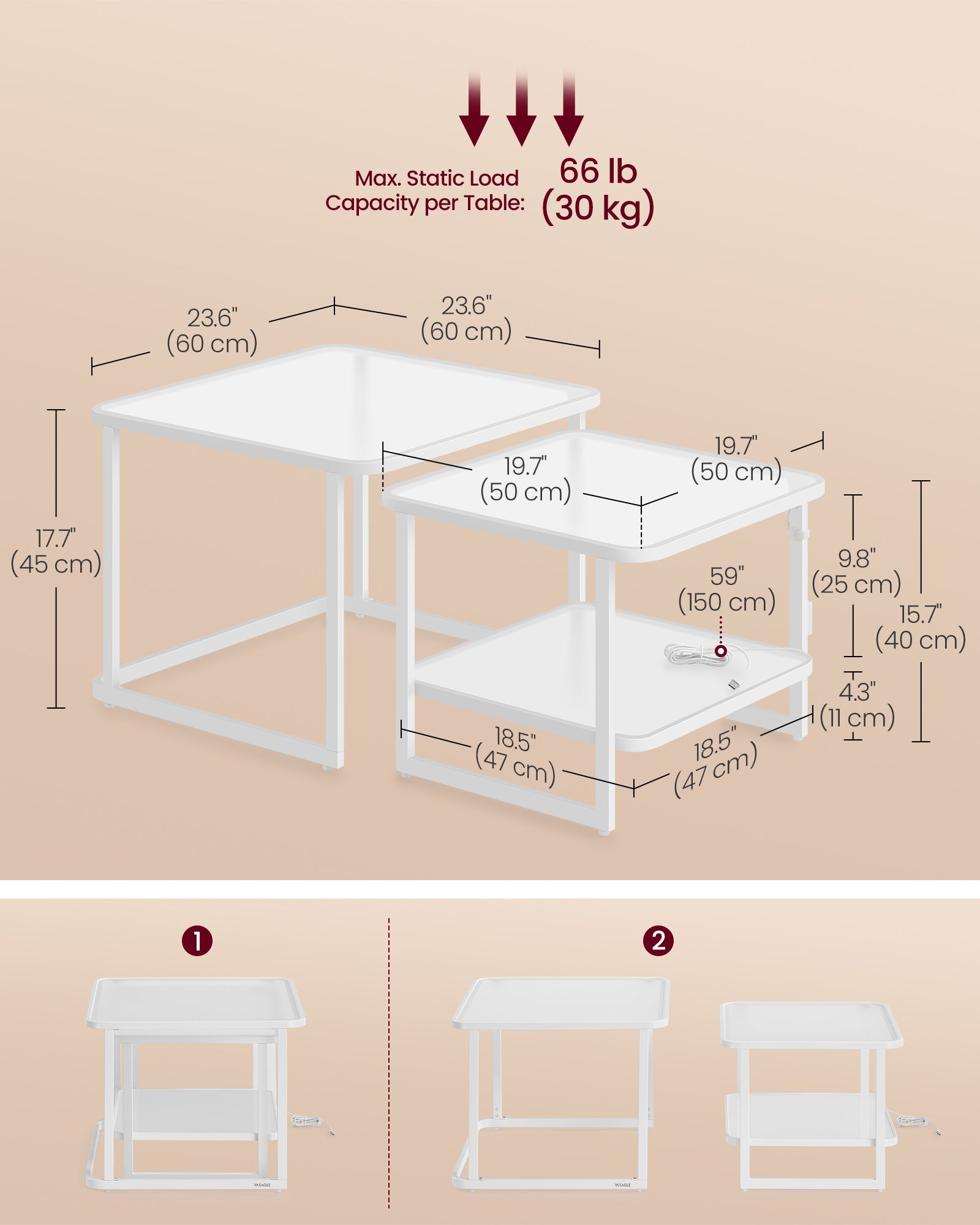 Nesting Tables Set of 2 – Wood – Cloud White and Pearl White – LED Lights