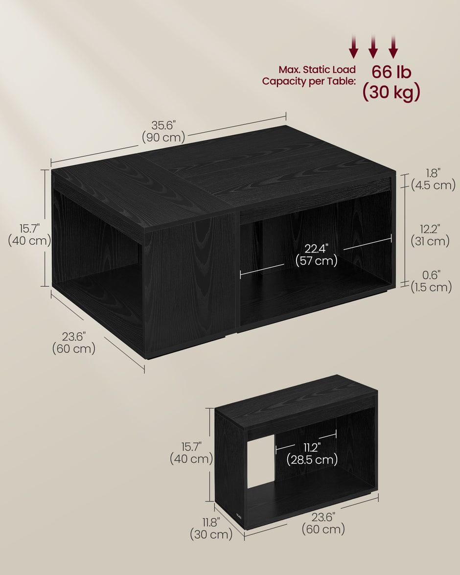 Coffee Table Set – Wooden – Ebony Black – Customisable with Storage Shelf