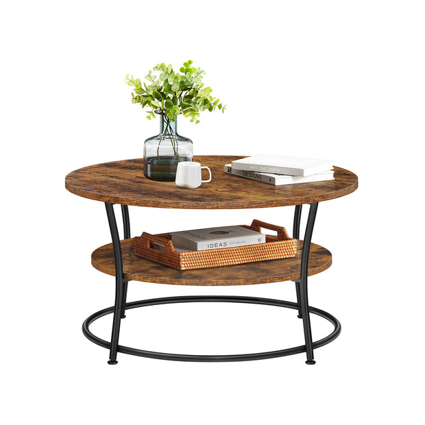 Round Cocktail Table – Metal – Rustic Brown – With Storage Shelf and Easy Assembly