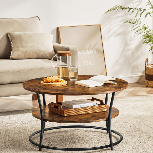 Round Cocktail Table – Metal – Rustic Brown – With Storage Shelf and Easy Assembly