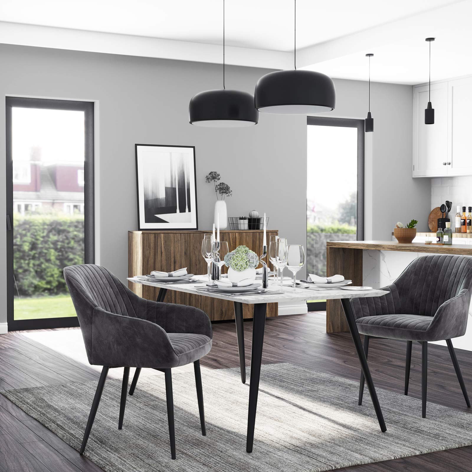Dining room chair - Kitchen chair - Velvet seat - Metal legs - Dark gray