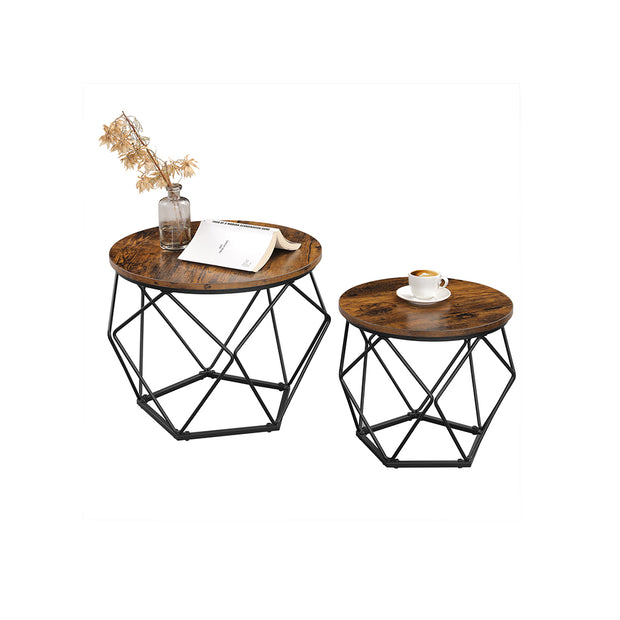 Coffee Table Set – Steel Frame – Rustic Brown and Black – Set of 2 Side Tables