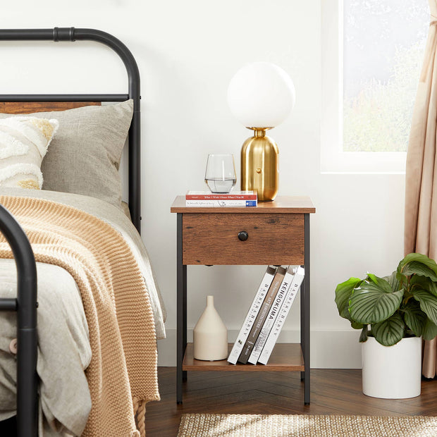Nightstand – Steel Frame – Hazelnut Brown and Black – With Drawer and Shelf