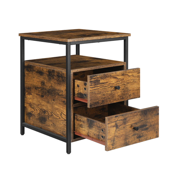 Nightstand – Wood and Metal – Rustic Brown and Black – Open Shelf and 2 Drawers