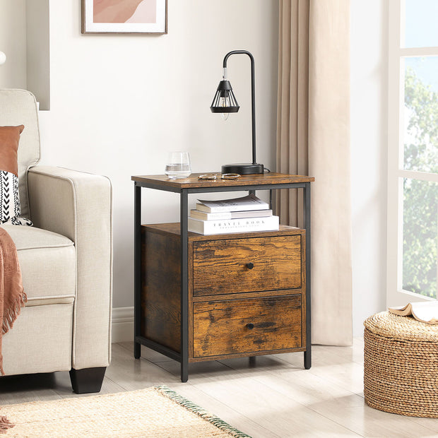 Nightstand – Wood and Metal – Rustic Brown and Black – Open Shelf and 2 Drawers