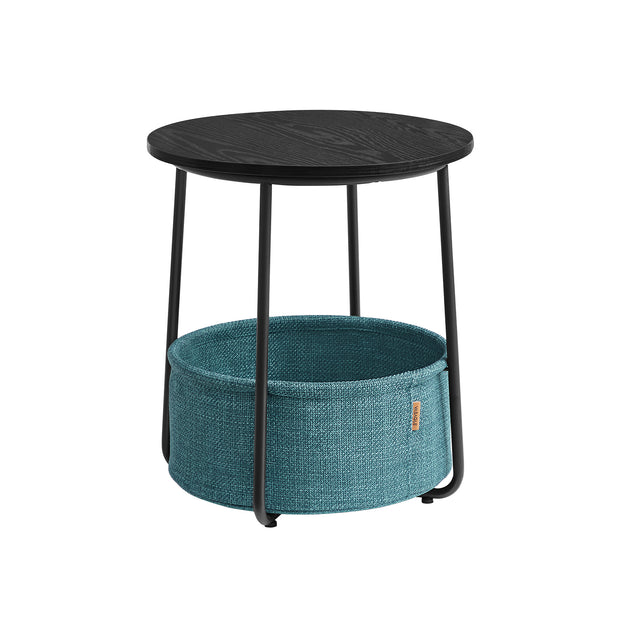 Round End Table – Wood and Fabric – Black with Wood Grain and Dark Turquoise – Spacious Design for Living Room and Bedroom