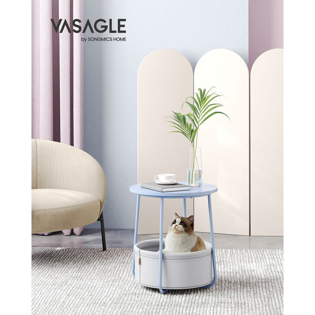 Round End Table – Wood and Fabric – Black with Wood Grain and Dark Turquoise – Spacious Design for Living Room and Bedroom