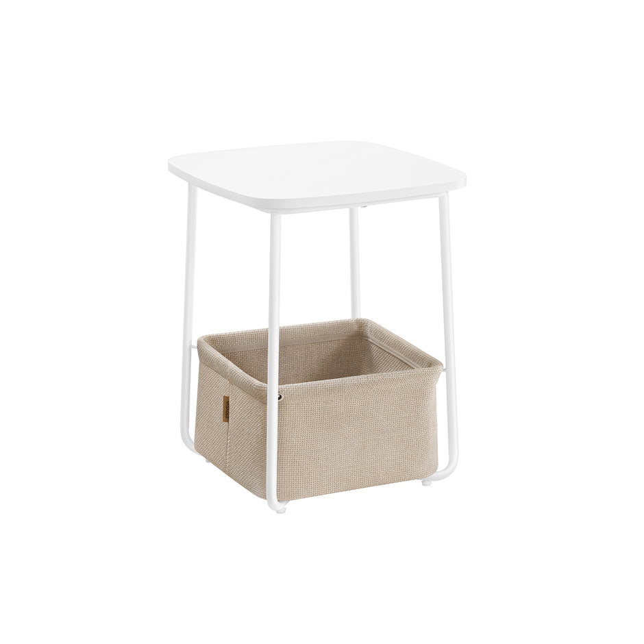 Square Side Table – Matte Finish – White and Camel Brown – With Fabric Basket