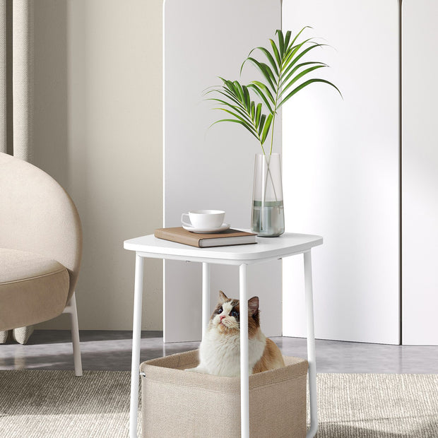 Square Side Table – Matte Finish – White and Camel Brown – With Fabric Basket