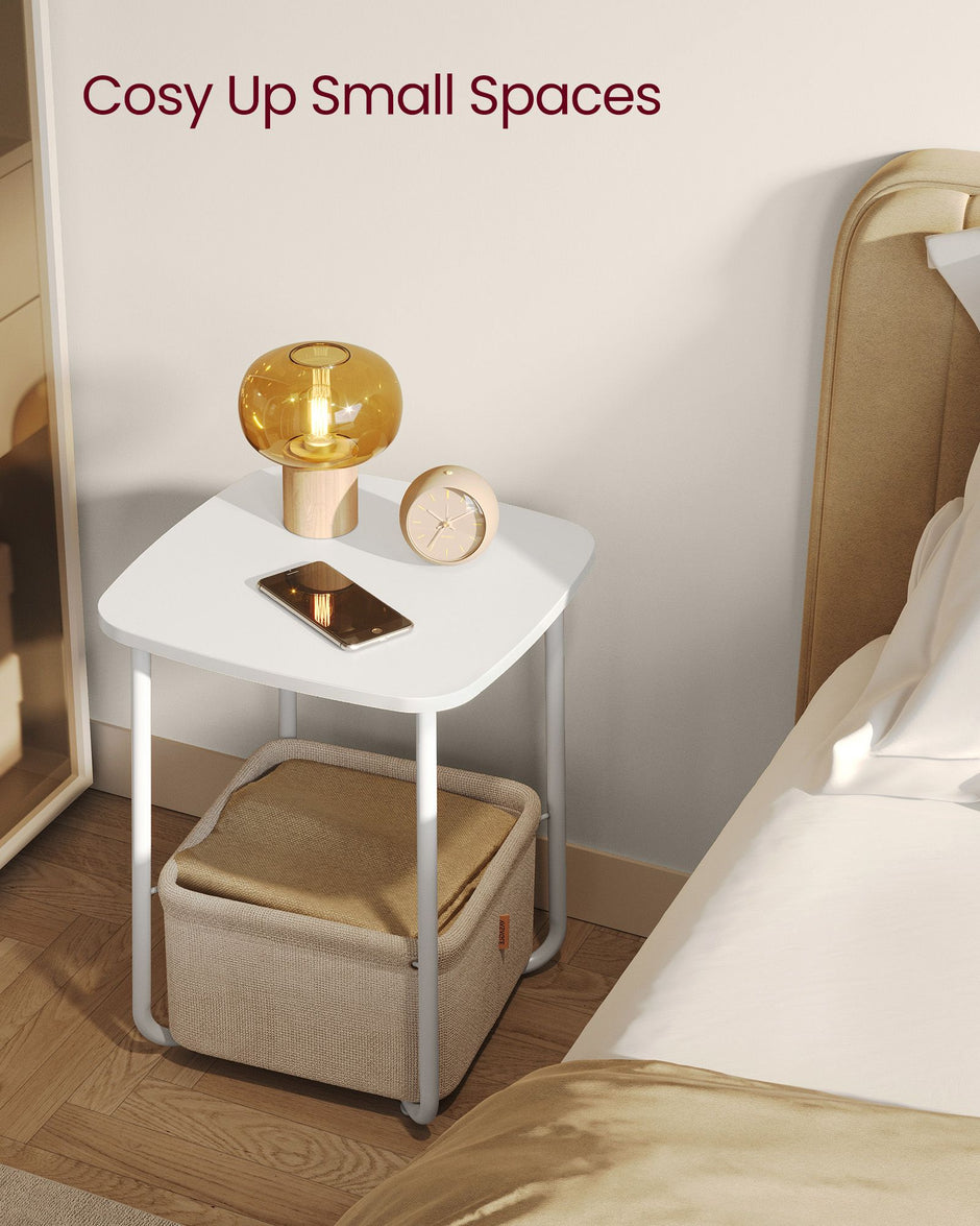 Square Side Table – Matte Finish – White and Camel Brown – With Fabric Basket
