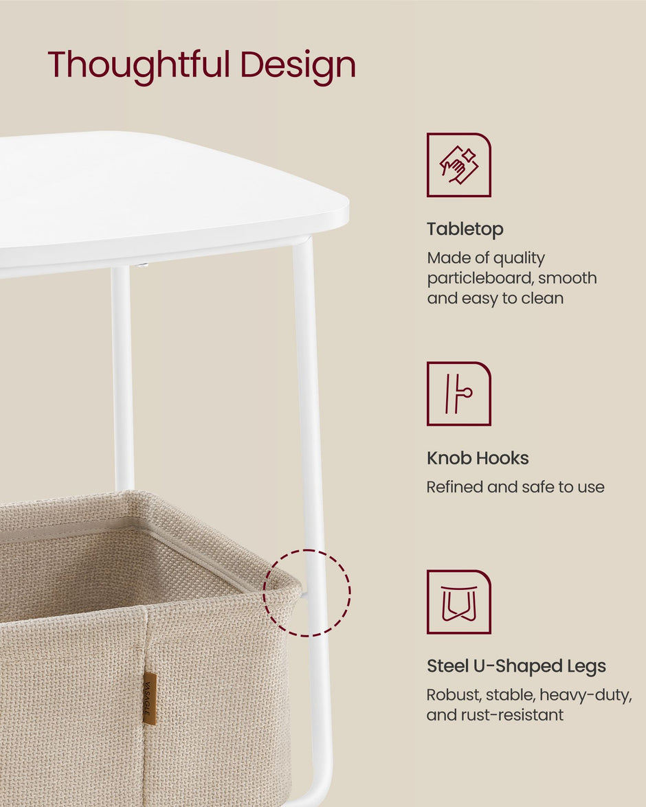 Square Side Table – Matte Finish – White and Camel Brown – With Fabric Basket