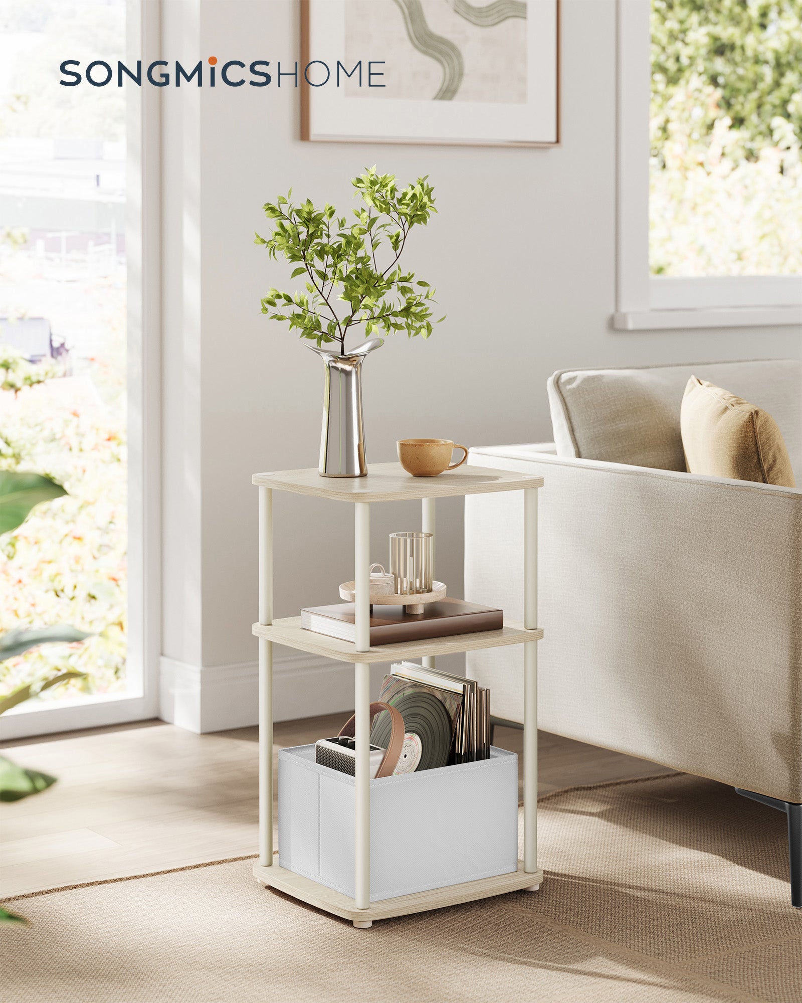 Side Table – Steel and Fabric – Natural Beige – 3 Storage Shelves