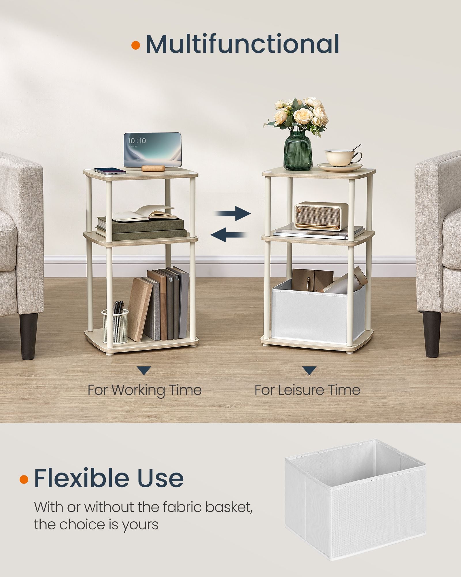 Side Table – Steel and Fabric – Natural Beige – 3 Storage Shelves
