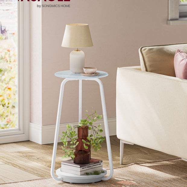 2-Tier Round Side Table – Glass and Particleboard – Marble White – Modern Design for Living Room and Bedroom