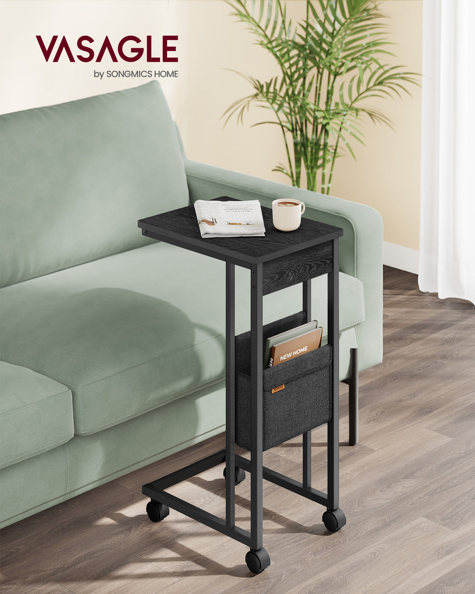C-Shaped Bedside Table – Wood – Ebony Black – With Fabric Storage Bag and Adjustable Feet