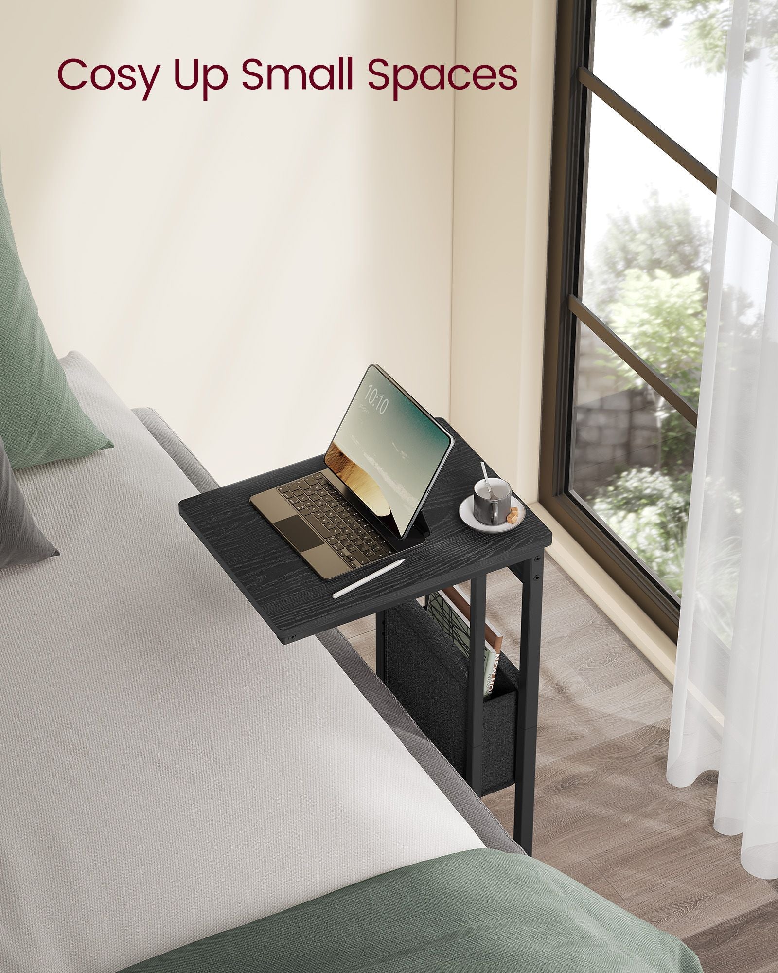 C-Shaped Bedside Table – Wood – Ebony Black – With Fabric Storage Bag and Adjustable Feet
