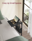 C-Shaped Bedside Table – Wood – Ebony Black – With Fabric Storage Bag and Adjustable Feet