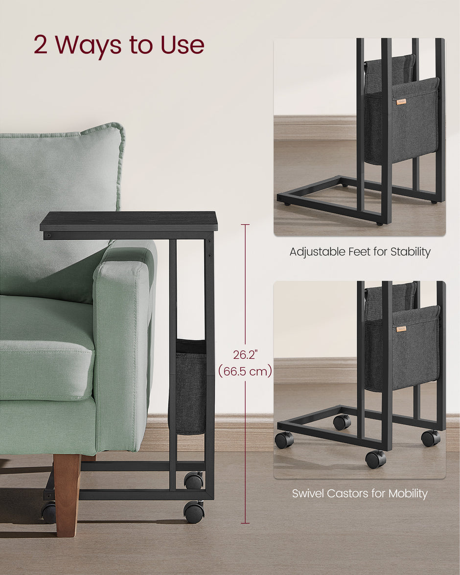 C-Shaped Bedside Table – Wood – Ebony Black – With Fabric Storage Bag and Adjustable Feet