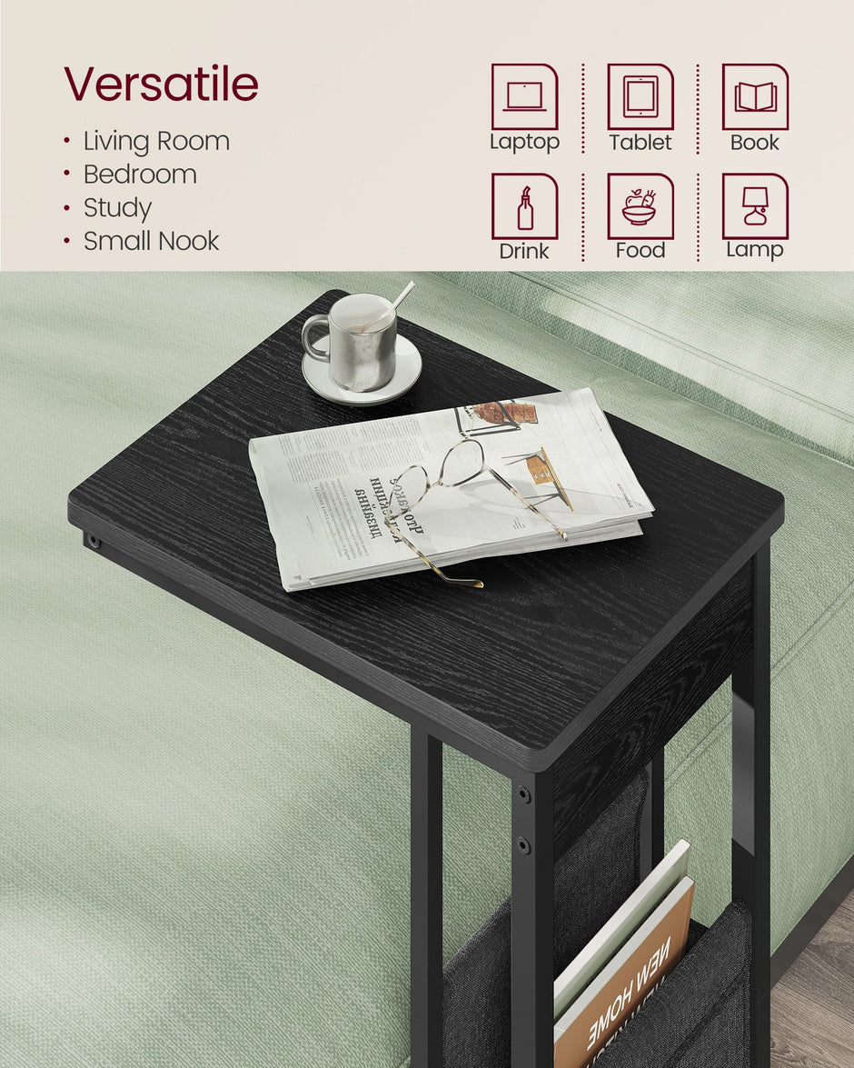 C-Shaped Bedside Table – Wood – Ebony Black – With Fabric Storage Bag and Adjustable Feet