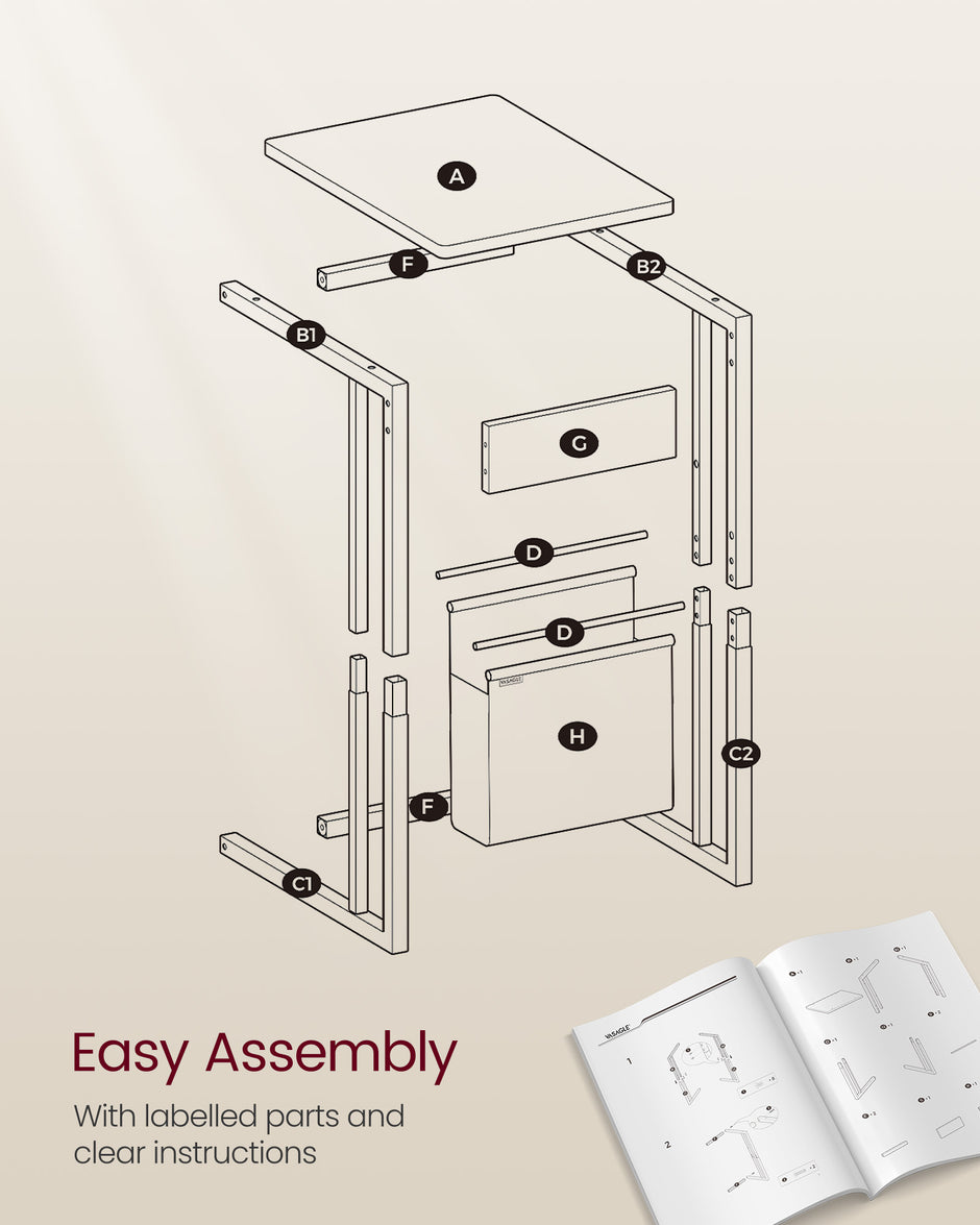 C-Shaped Bedside Table – Wood – Ebony Black – With Fabric Storage Bag and Adjustable Feet