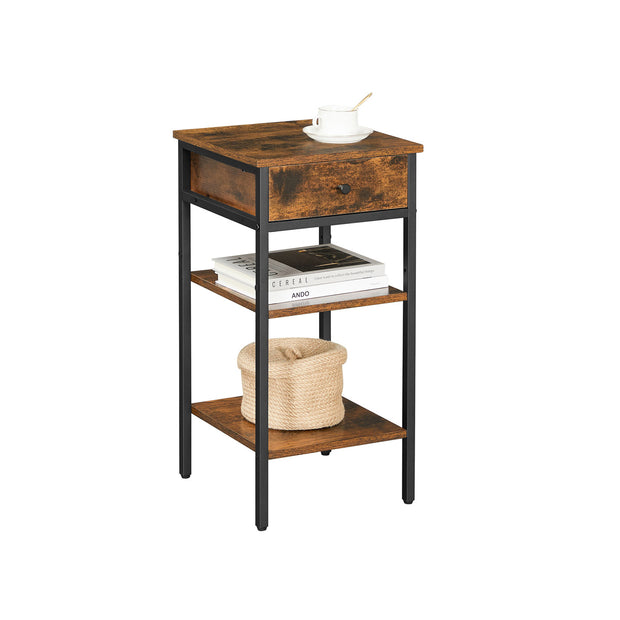 End Table – Wood and Metal – Rustic Brown and Black – Space-Saving Design with Drawer and Storage Shelves