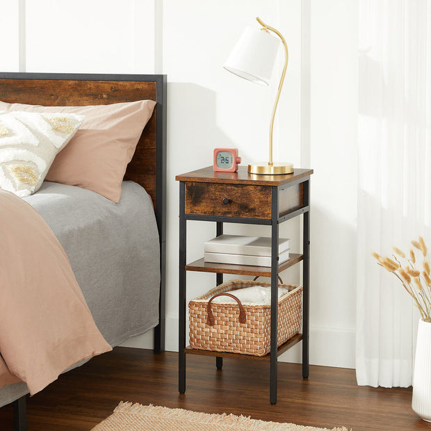 End Table – Wood and Metal – Rustic Brown and Black – Space-Saving Design with Drawer and Storage Shelves